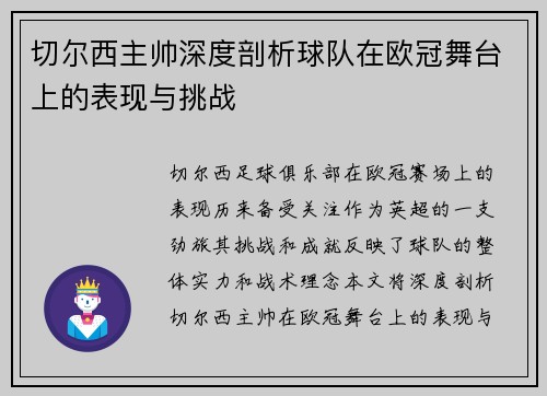 切尔西主帅深度剖析球队在欧冠舞台上的表现与挑战