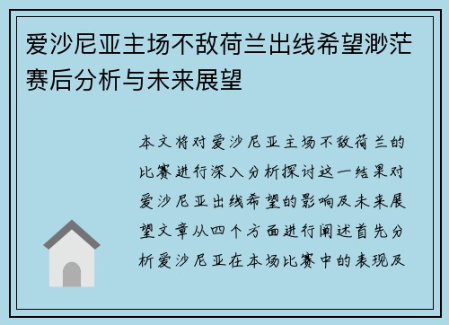 爱沙尼亚主场不敌荷兰出线希望渺茫赛后分析与未来展望