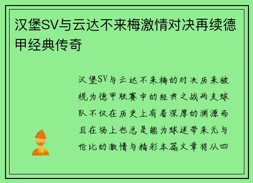 汉堡SV与云达不来梅激情对决再续德甲经典传奇