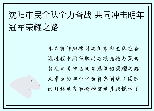 沈阳市民全队全力备战 共同冲击明年冠军荣耀之路