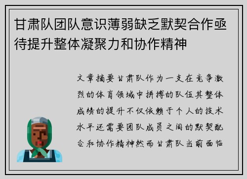 甘肃队团队意识薄弱缺乏默契合作亟待提升整体凝聚力和协作精神