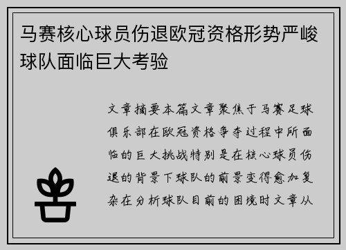 马赛核心球员伤退欧冠资格形势严峻球队面临巨大考验