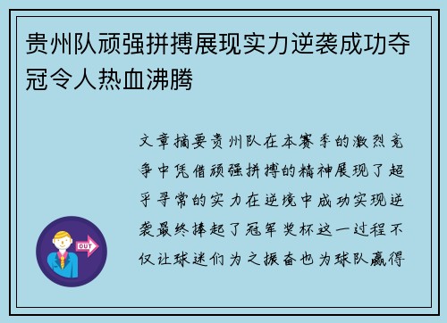 贵州队顽强拼搏展现实力逆袭成功夺冠令人热血沸腾