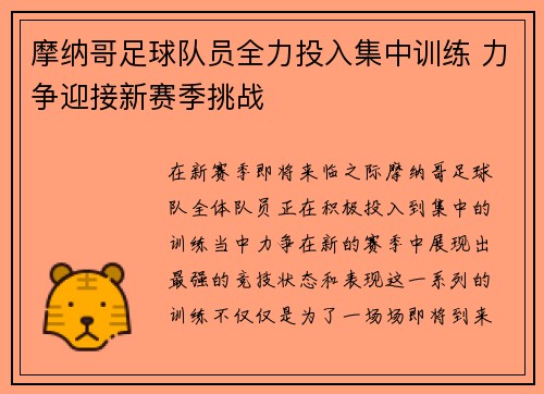 摩纳哥足球队员全力投入集中训练 力争迎接新赛季挑战