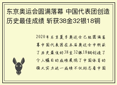 东京奥运会圆满落幕 中国代表团创造历史最佳成绩 斩获38金32银18铜